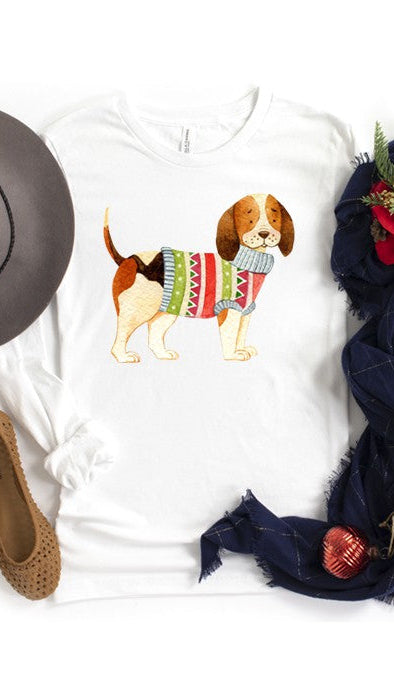 Beagle Dog wearing a winter sweater Graphic on a White long-sleeve t-shirt. Shop The House of Blondie