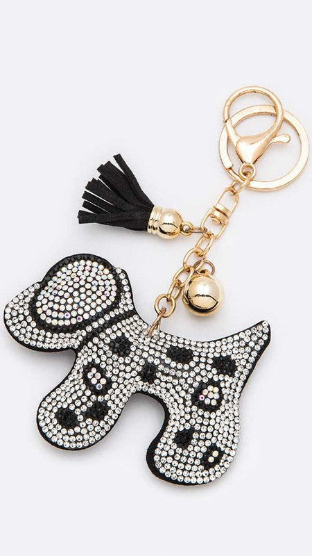 Black and white Crystal Dog Pillow, Gold Key Chain with black fringe tassel. Shop at The House of Blondie.