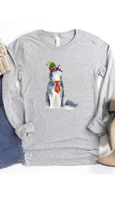 Huskie dog wearing a Christmas hat and tie on a Gray Long-Sleeve Graphic Tee Shirt. Shop The House of Blondie