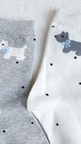 Scottie Dog Socks in gray and white with black polka dots. Shop The House of Blondie