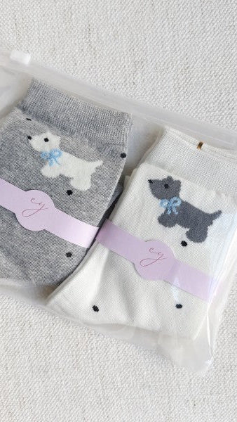 Scottie Dog Socks in gray and white with black polka dots. Shop The House of Blondie
