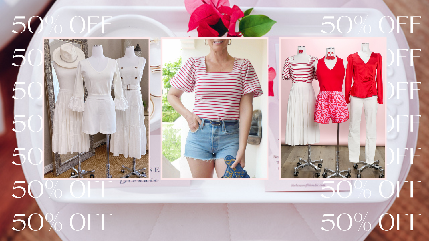 Promo collage of clothing items with '50% OFF' text, model in a striped puffed short sleeve shirt. Shop www.thehouseofblondie.com