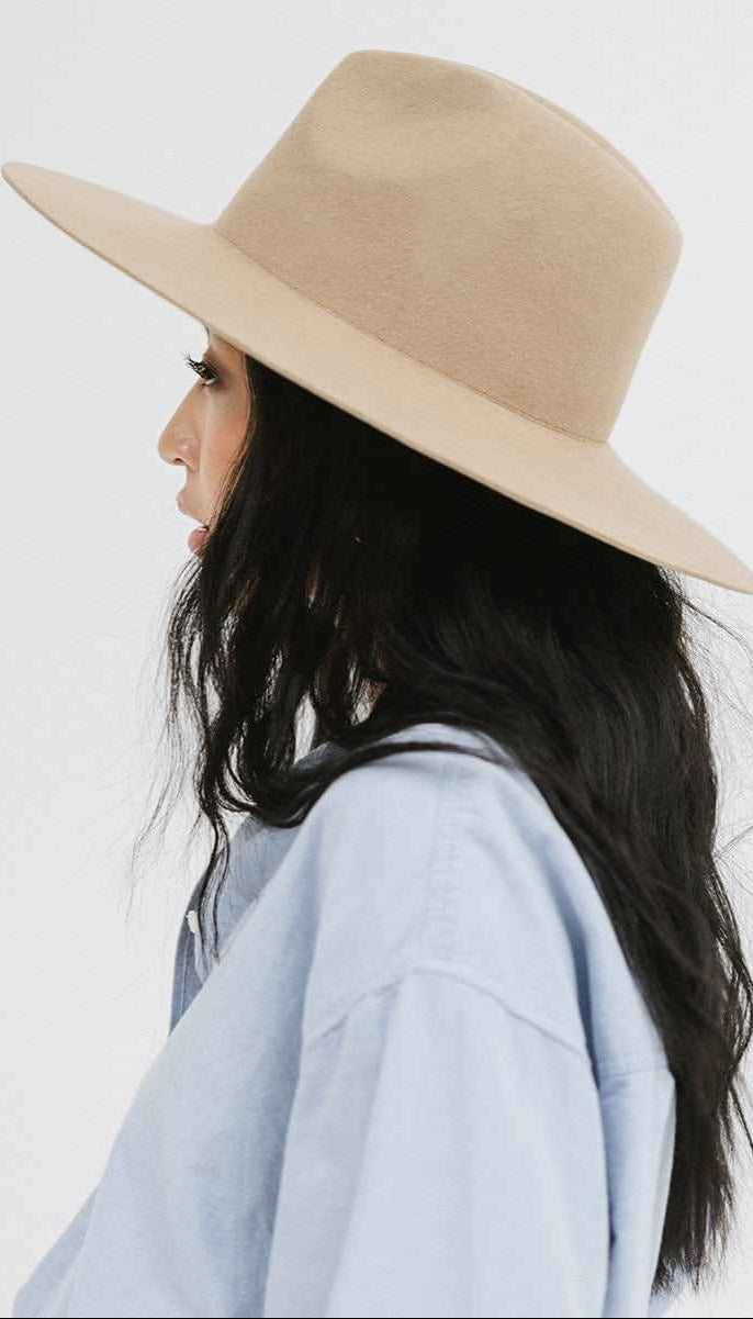 Gigi Pip Emma Wide Brim Felt Fedora Hat in Tan. Shop bywww.thehouseofblondie.com
