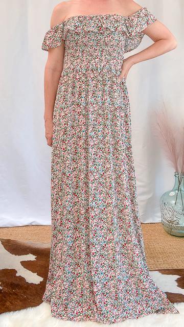 Julia Smocked Floral Off-Shoulder Side Slit Maxi Dress by www.thehouseofblondie.com