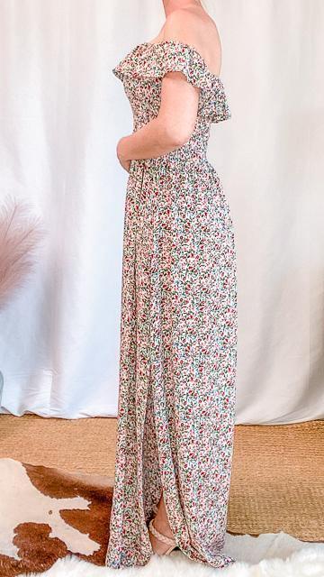 Julia Smocked Floral Off-Shoulder Side Slit Maxi Dress by www.thehouseofblondie.com