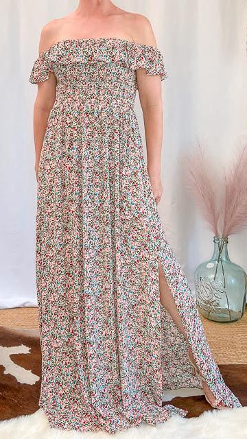 Julia Smocked Floral Off-Shoulder Side Slit Maxi Dress by www.thehouseofblondie.com