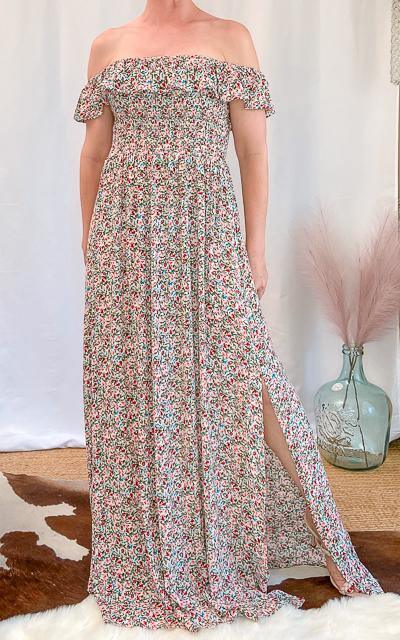 floral off shoulder side slit maxi dress