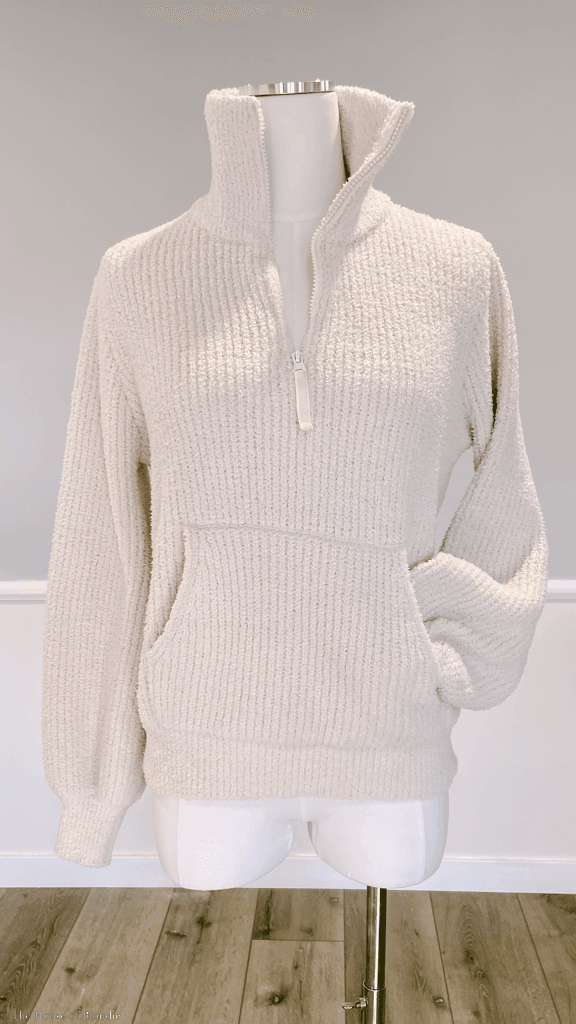 Luna Plush Pullover Zip turtleNeck Sweater with Kanga Pockets in color cream by www.thehouseofblondie.com