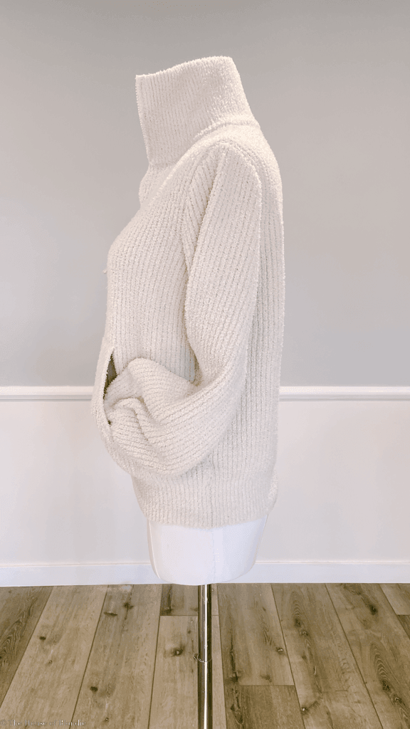 Luna Plush Pullover Zip turtleNeck Sweater with Kanga Pockets in color cream by www.thehouseofblondie.com