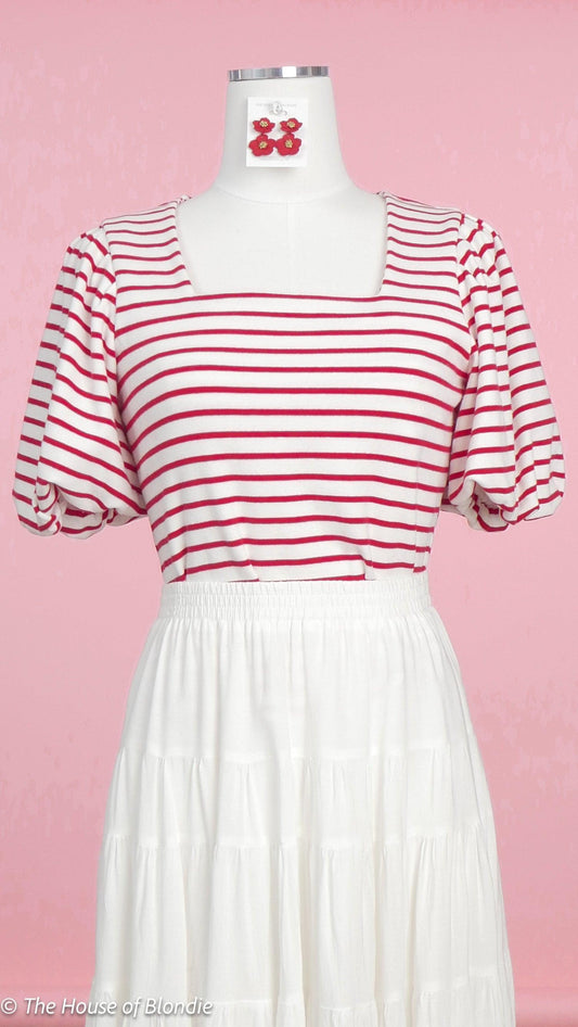 Merideth Red and White Striped Puff Sleeve Top by www.thehouseofblondie.com