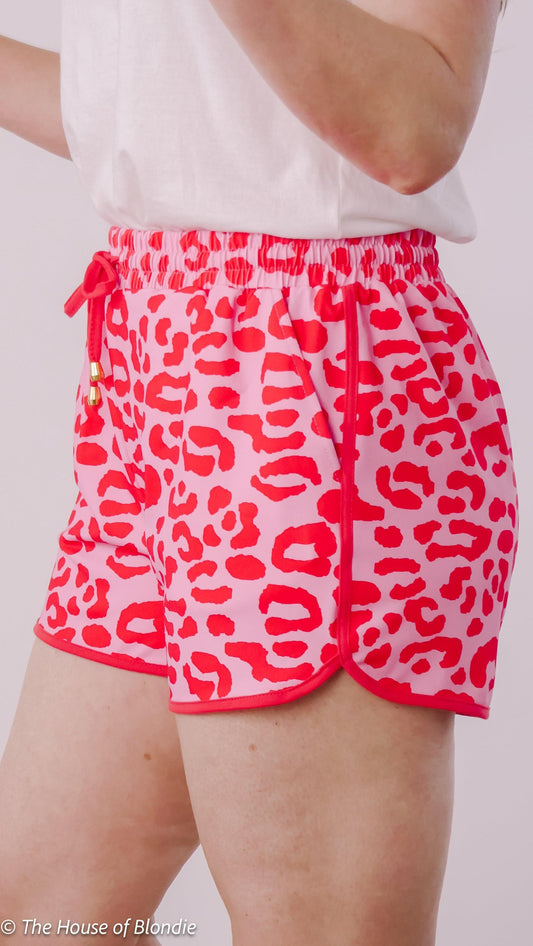 Pink Red Leopard Print Knockabout Shorts by www.thehouseofblondie.com