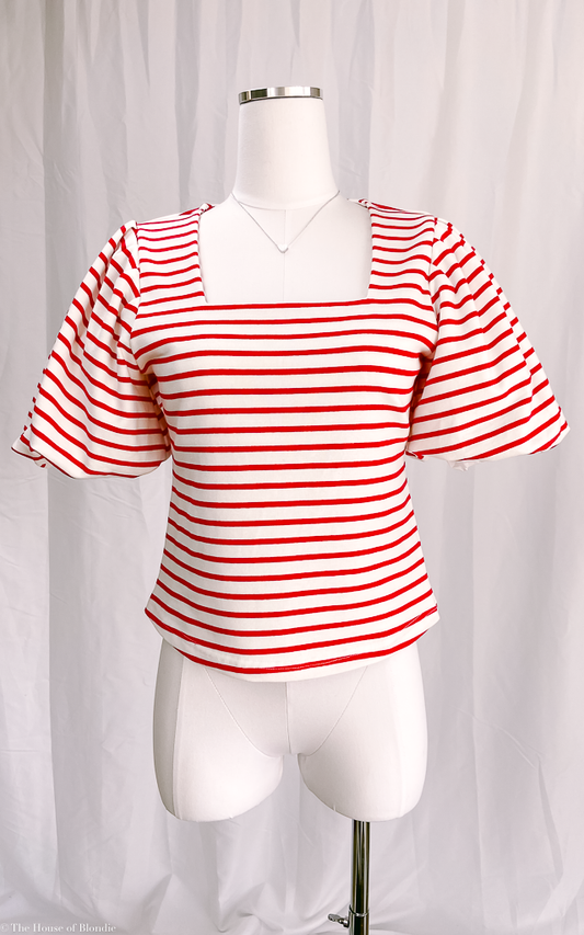 Merideth Red and White Striped Puff Sleeve Top