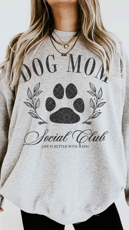 Ash color: Dog Mom Social Club Graphic Sweatshirt for women. Shop The House of Blondie