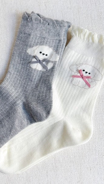 Bichon_Puppy_Design_Socks. Set of 2: one in gray and one in ivory.