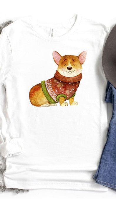 Corgie dog wearing a winter sweater on White long-sleeve shirt. Shop The House of Blondie