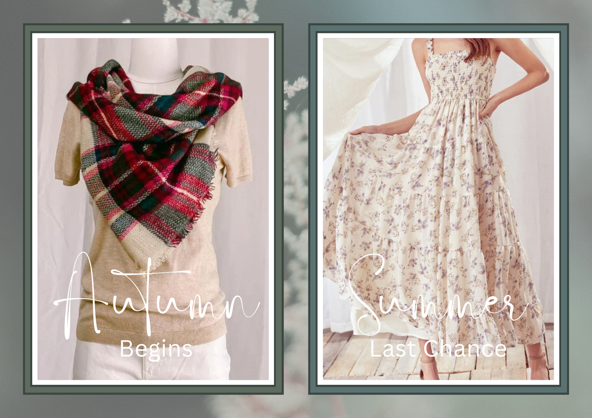 Two clothing items with text 'Autumn Begins' and 'Summer Last Chance' on a neutral background.