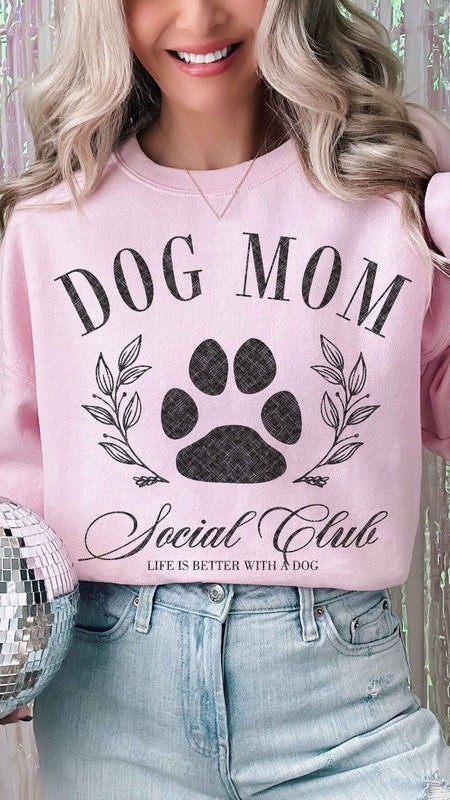 Pink color: Dog Mom Social Club Graphic Sweatshirt for women. Shop The House of Blondie