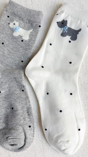 Scottie Dog Socks in gray and white with black polka dots. Shop The House of Blondie