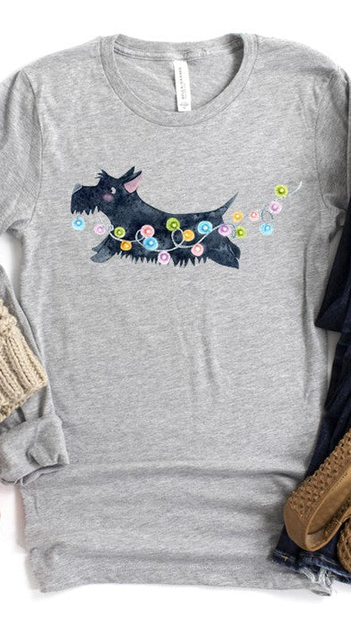 Black Scottie dog with Christmas lights on grey long-sleeve. Shop The House of Blondie