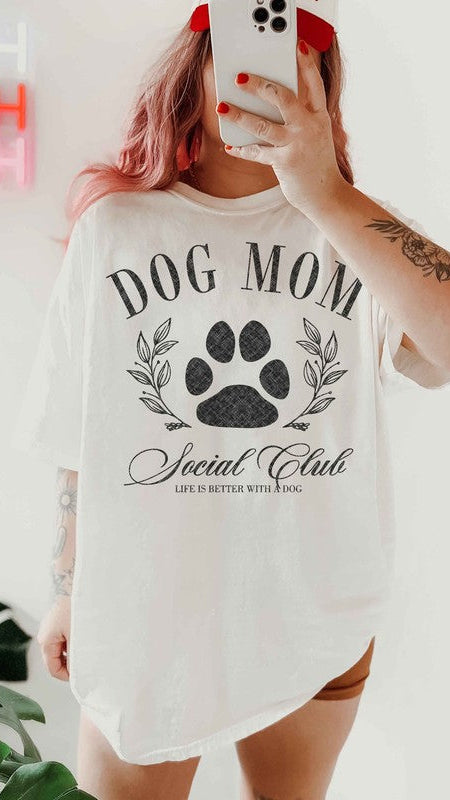 Dog Mom Social Club OVERSIZED Graphic Tee in white.
