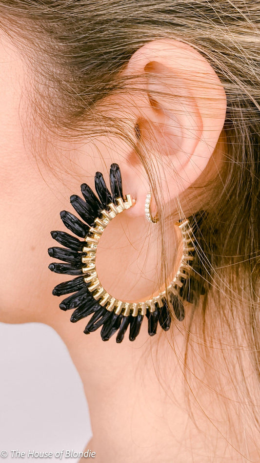 Black and Gold Raffia Fringe Hoop Earrings by www.thehouseofblondie.com