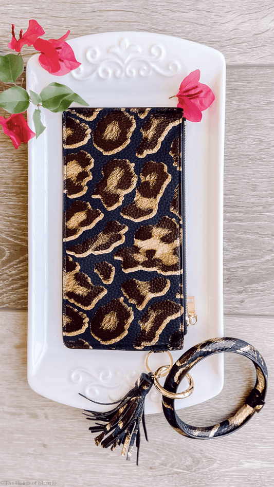 Black, Gold Leopard Wristlet Clutch Keychain by www.thehouseofblondie.com