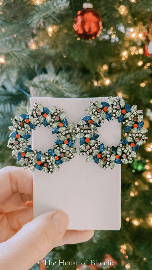 Christmas Wreath Rhinestone Earrings by www.thehouseofblondie.com