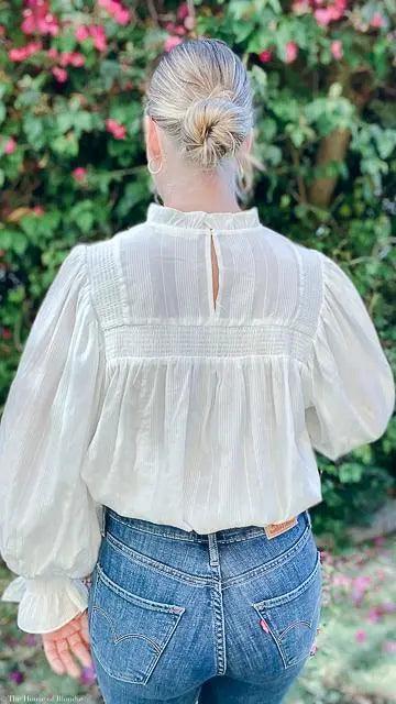 Emma Ruffle Neck Peasant Sleeve Striped Blouse by www.thehouseofblondie.com