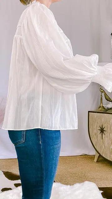 Emma Ruffle Neck Peasant Sleeve Striped Blouse by www.thehouseofblondie.com