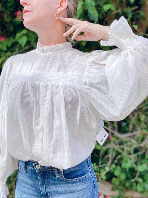 Emma Ruffle Neck Peasant Sleeve Striped Blouse by www.thehouseofblondie.com
