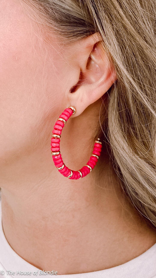 Hot Pink & Gold Disc Beaded Hoop Earrings by www.thehouseofblondie.com