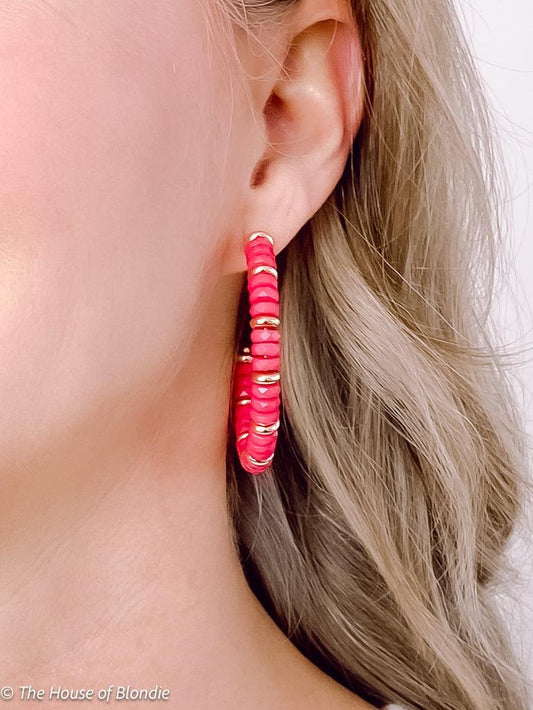 Hot Pink & Gold Disc Beaded Hoop Earrings by www.thehouseofblondie.com