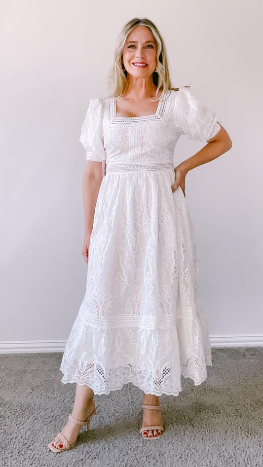 Jordi Puff Sleeve Square Neck Broderie Anglaise Lace Maxi Dress by www.thehouseofblondie.com