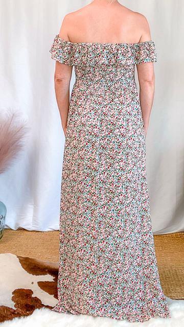 Julia Smocked Floral Off-Shoulder Side Slit Maxi Dress by www.thehouseofblondie.com