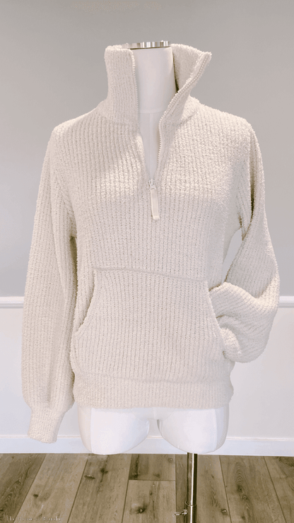 Luna Plush Pullover Zip turtleNeck Sweater with Kanga Pockets in color cream by www.thehouseofblondie.com