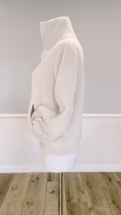 Luna Plush Pullover Zip turtleNeck Sweater with Kanga Pockets in color cream by www.thehouseofblondie.com