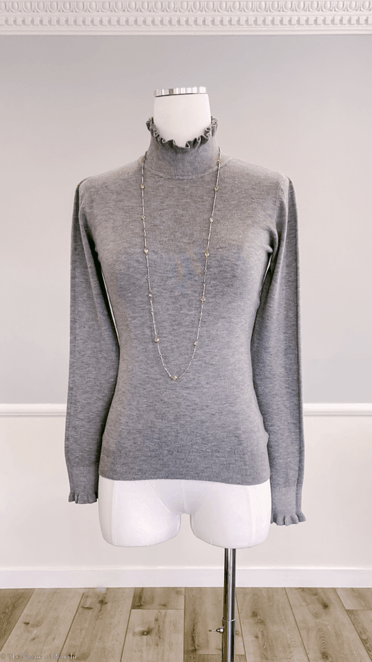 Lydia Ruffle Tip Grey Mock Neck Sweater by www.thehouseofblondie.com