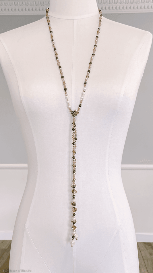 Mara Quartz, Pearl, Gold, Amethyst, Topaz and Grey Beaded Lariat Long Necklace by www.thehouseofblondie.com