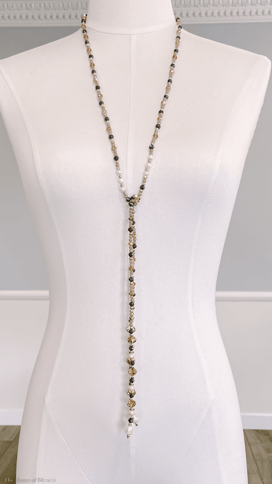 Mara Quartz, Pearl, Gold, Amethyst, Topaz and Grey Beaded Lariat Long Necklace by www.thehouseofblondie.com