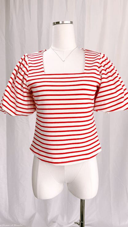 Merideth Red and White Striped Puff Sleeve Top by www.thehouseofblondie.com