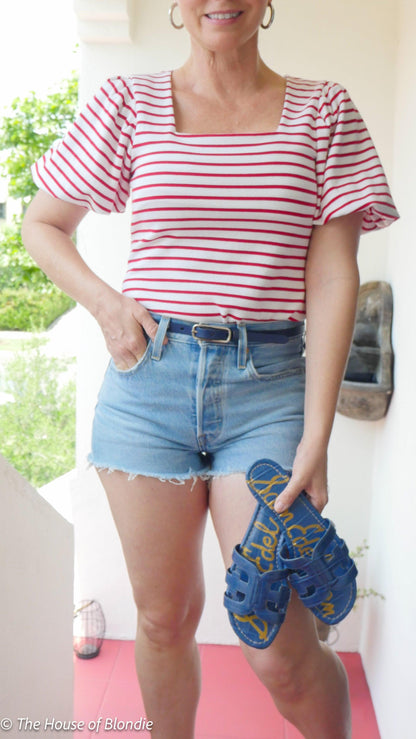 Merideth Red and White Striped Puff Sleeve Top by www.thehouseofblondie.com
