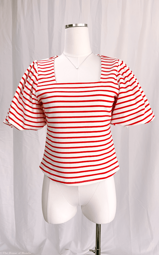 Merideth Red and White Striped Puff Sleeve Top by www.thehouseofblondie.com