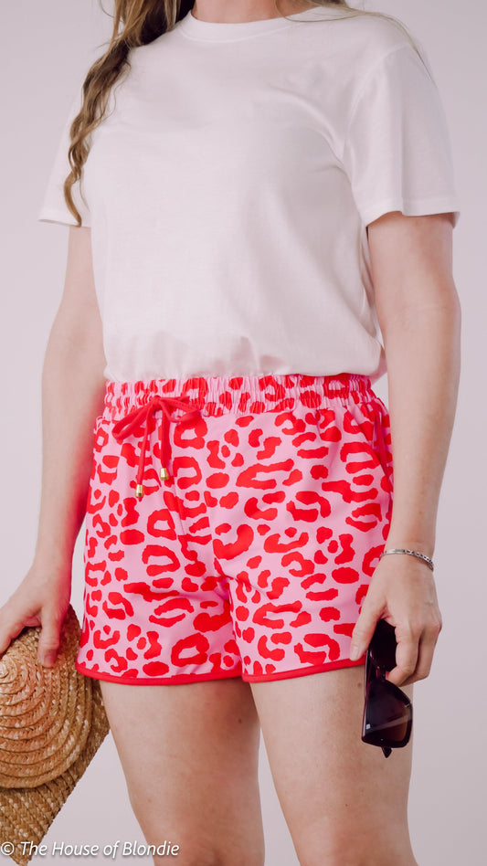 Pink Red Leopard Print Knockabout Shorts by www.thehouseofblondie.com