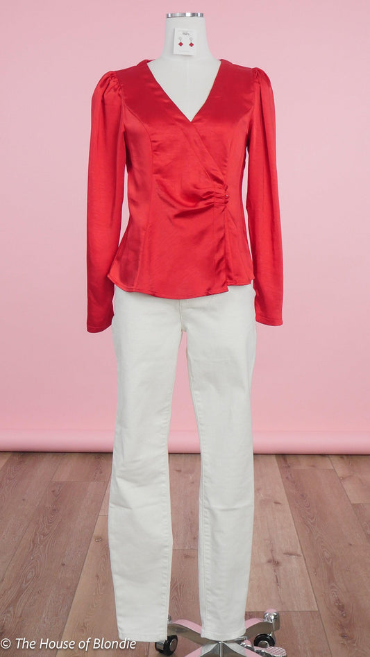 Rebecca Satin Red Wrap long Sleeve Top by www.thehouseofblondie.com