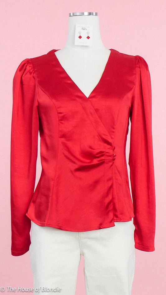 Rebecca Satin Red Wrap long Sleeve Top by www.thehouseofblondie.com