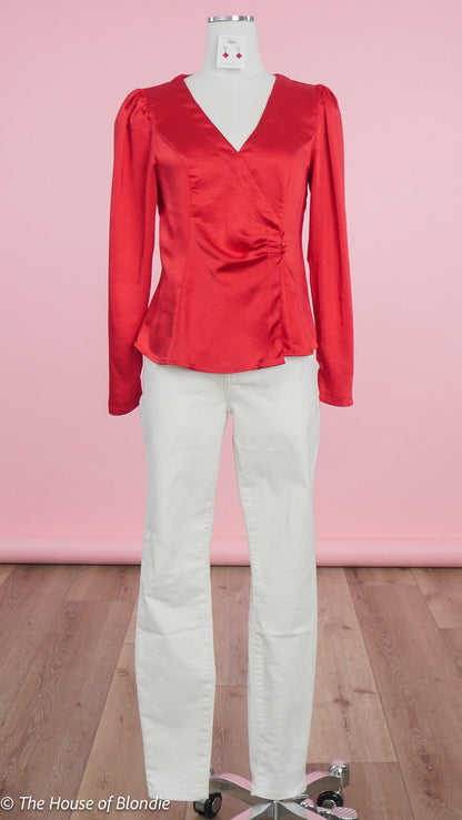 Rebecca Satin Red Wrap long Sleeve Top by www.thehouseofblondie.com