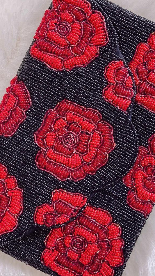 Red Roses on Black Beaded Clutch by www.thehouseofblondie.com
