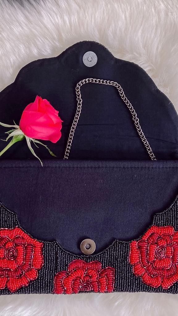 Red Roses on Black Beaded Clutch by www.thehouseofblondie.com