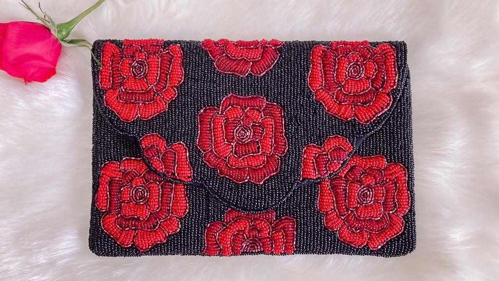 Red Roses on Black Beaded Clutch by www.thehouseofblondie.com