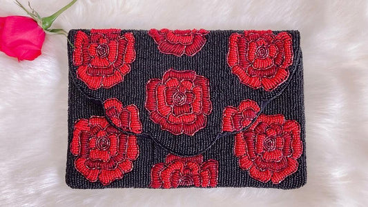 Red Roses on Black Beaded Clutch by www.thehouseofblondie.com